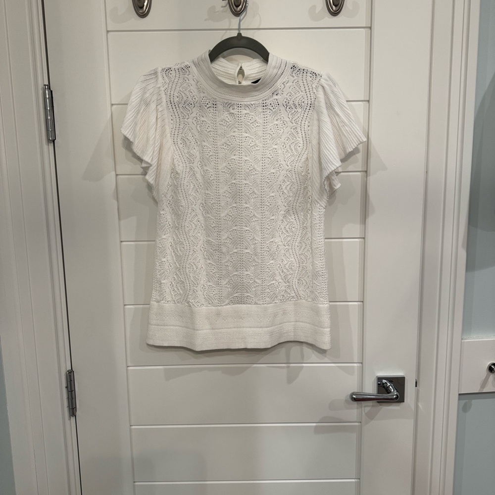 White House Black Market mock neck, pointelle knit top with flutter sleeves